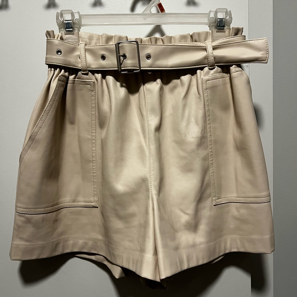 Cream Leather Shorts with Belt